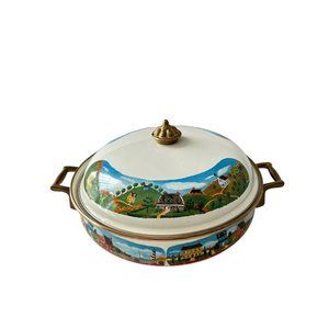 VINTAGE Enamelware RARE VILLAGE‎ SCENE Brass Handles new